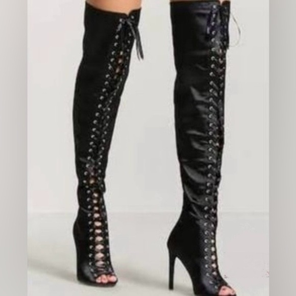 Lov Mark over the knee satin lace up open toe Pin Up Sexy black boots 6 Madonna - Picture 1 of 10